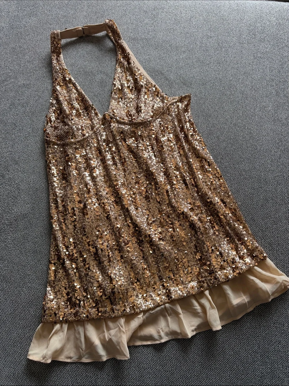 Free People Gold Sequin V-Neck Mini Slip Dress sz Lg
